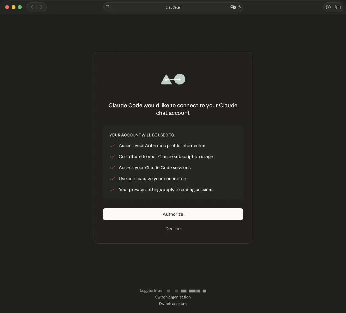Claude.ai authorization page in the browser asking to connect Claude Code to your account