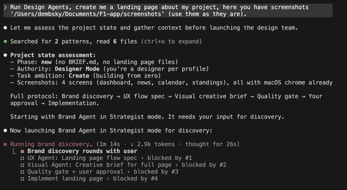 Terminal showing project state assessment with phase detection, authority mode, task classification, and the full agent launch sequence