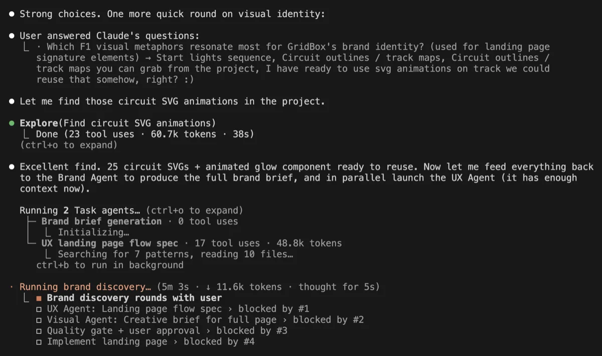 Terminal showing parallel execution with Brand Agent and UX Agent completed, Visual Agent launching with both outputs as input