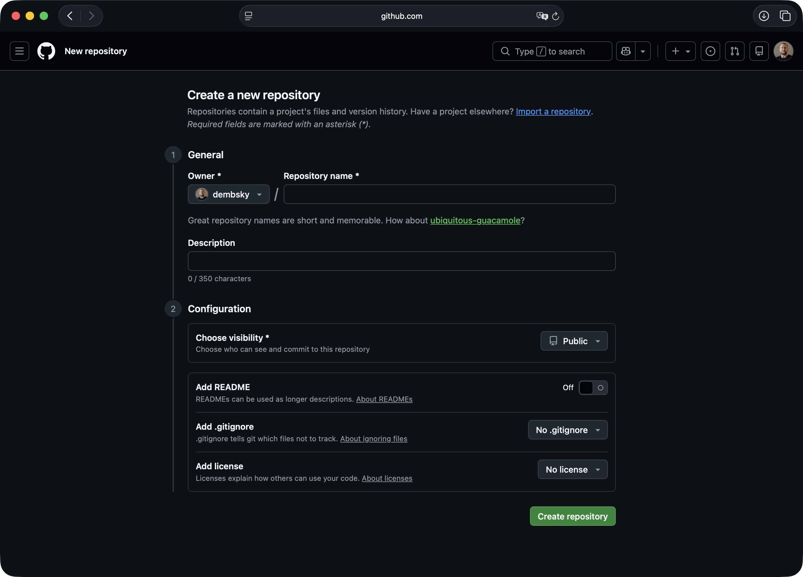 GitHub new repository form with name and description fields