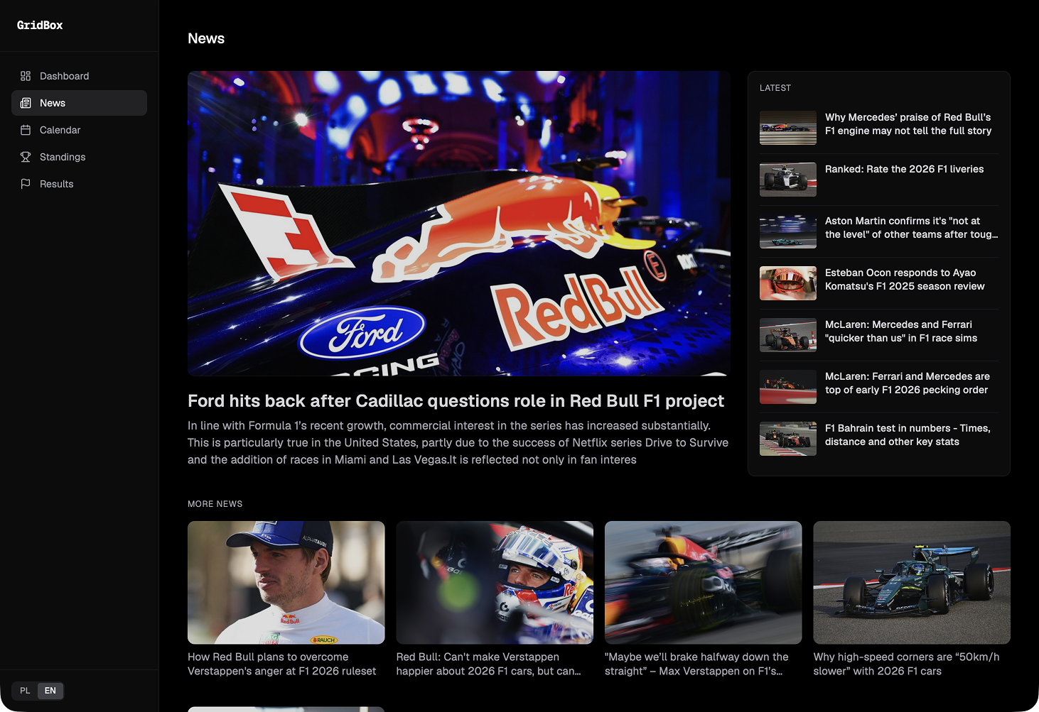 GridBox - news feed with F1 articles
